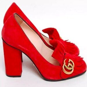 Red Fringe Gucci Marmont Velvet heels in size 10.